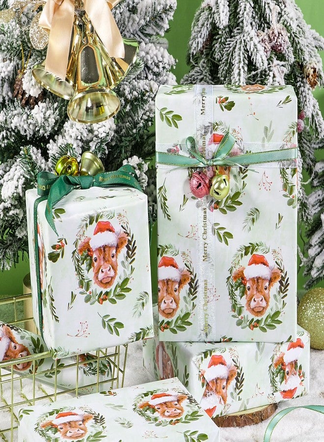 LeZakaa Christmas Highland Cow Wrapping Paper Roll, Cute Highland Cow with Santa Hat Green Wreath Design, Funny Holiday Gift Wrap for Farmhouse Style, Mini Roll 17 in x 16.4 Ft - Image 4